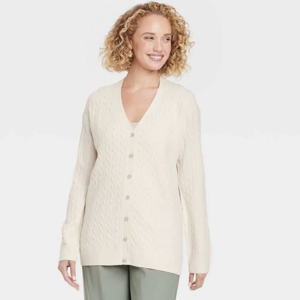a new day S Cream Cable Knit Button Front Oversized Tunic Length Cardigan